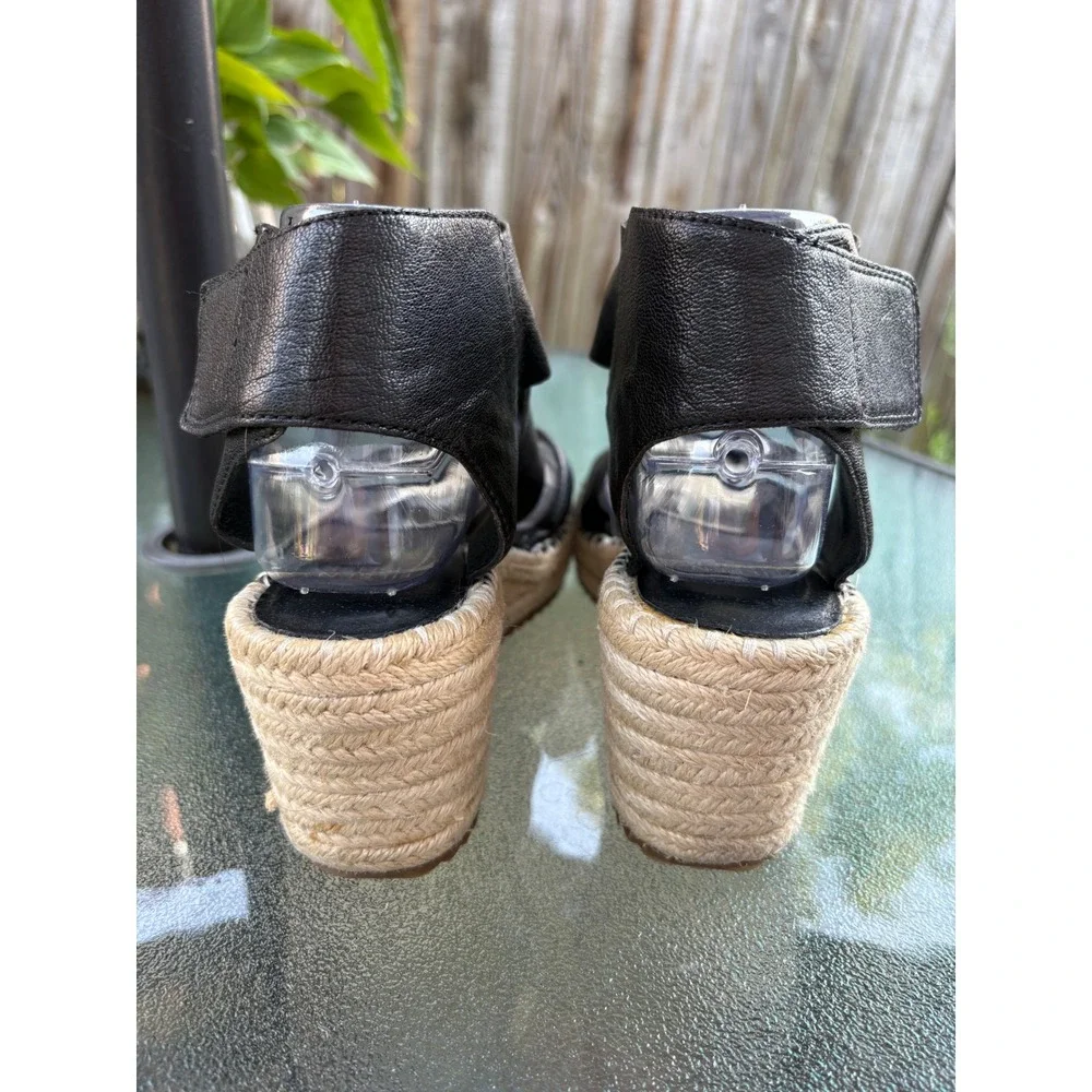 Eileen Fisher Womens Black Leather Espadrille Wedge Sandals 8.5 EF-WILLOW-LEA